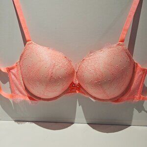Victoria's Secret Bra Very Sexy Push Up Bra Size 38D Lace Strappy Back Coral Bow